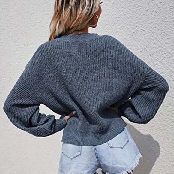 Women's Casual Long Sleeve V Neck Drop Shoulder Solid Sweater Tops - Picture 4 of 5